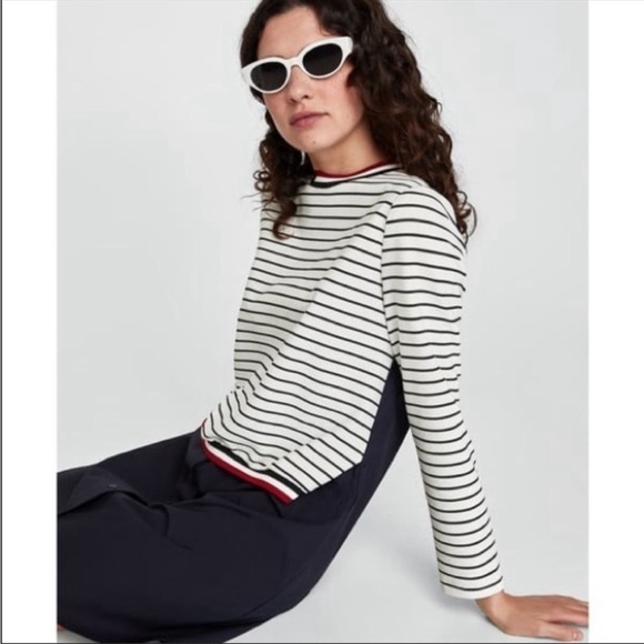 Zara Striped White Navy Long Sleeve Button Front Shift Dress half Sweater XS - Picture 3 of 16